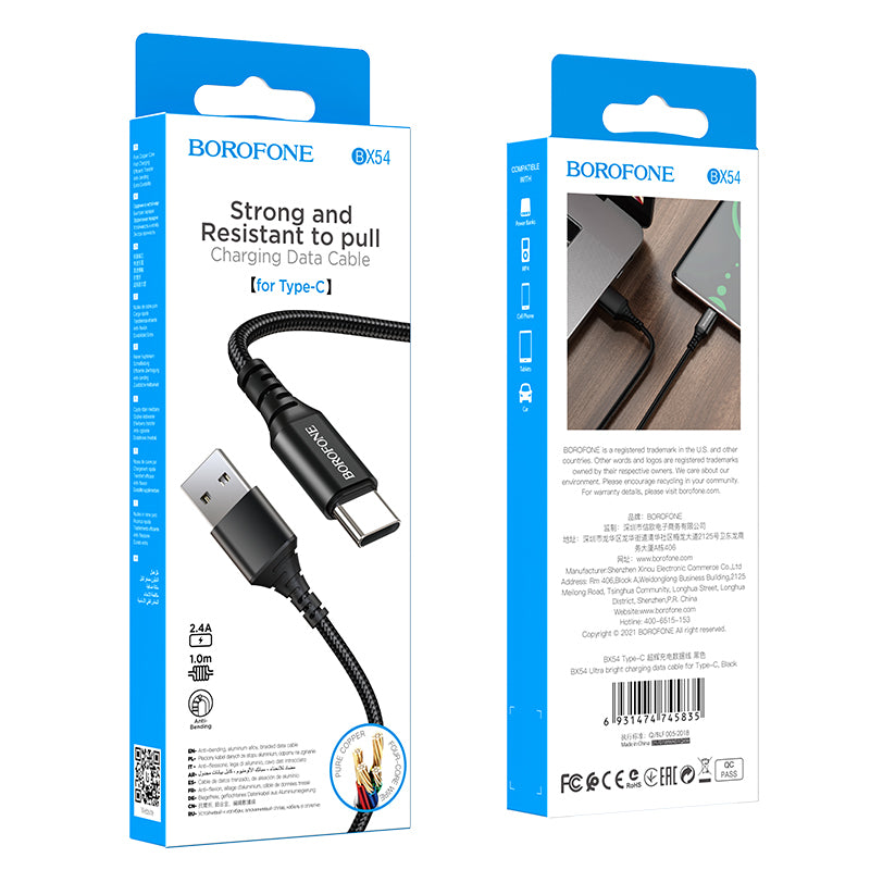 Cavo dati USB/USB-C 1 metro BOROFONE in corda 3A (BX54)