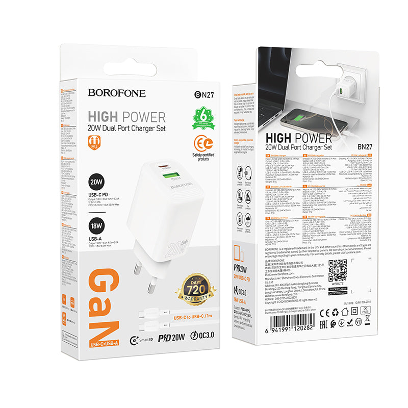 Caricabatterie rete 2 X USB+USB-C 20W QUICK CHARGER+ CAVO USB-C/USB-C BOROFONE (BN27)