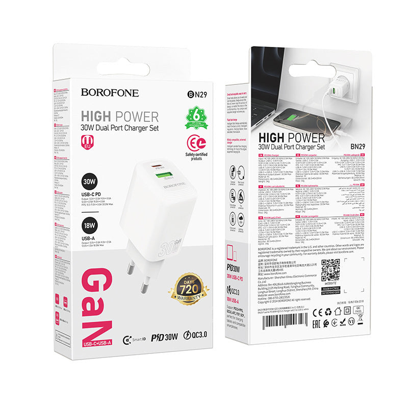 Caricabatterie rete 2 X USB+USB-C 30W QUICK CHARGER BOROFONE (BN29)
