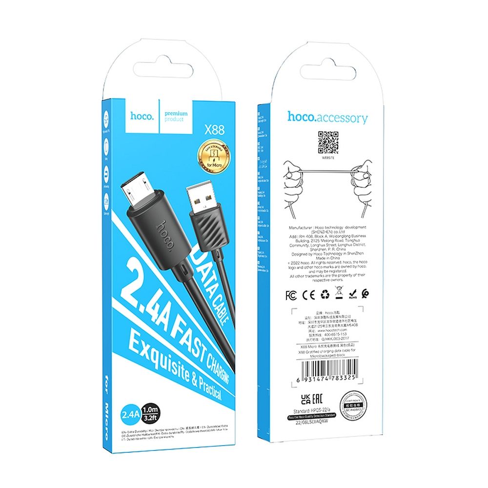 Cavo dati USB/MICRO 1 metro HOCO in SILICONE 2,4A