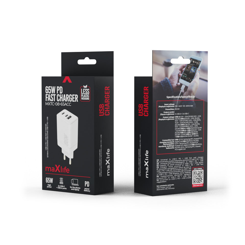Caricabatterie rete 1 X USB+ 2 X USB-C 65W PD FAST CHARGE (maXlife MXTC-08-65ACC)