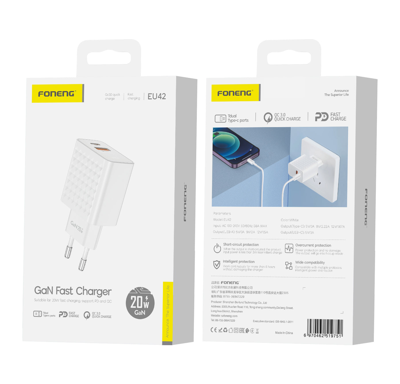 Caricabatterie rete 2 X USB+USB-C 20W QUICK CHARGER FONENG (EU42)