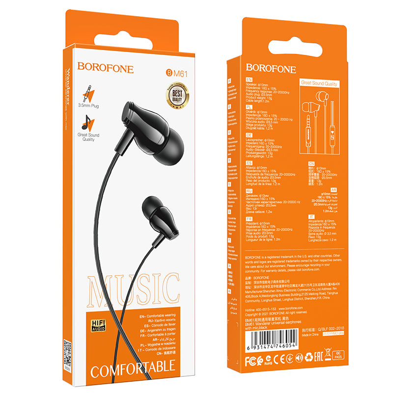 CUFFIA STEREO AURICOLARE CON FILO E MICROFONO JACK 3,5 (BOROFONE BM61)