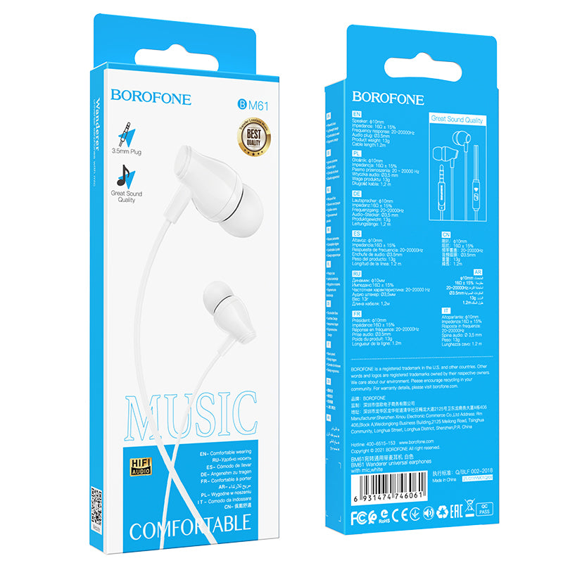 CUFFIA STEREO AURICOLARE CON FILO E MICROFONO JACK 3,5 (BOROFONE BM61)