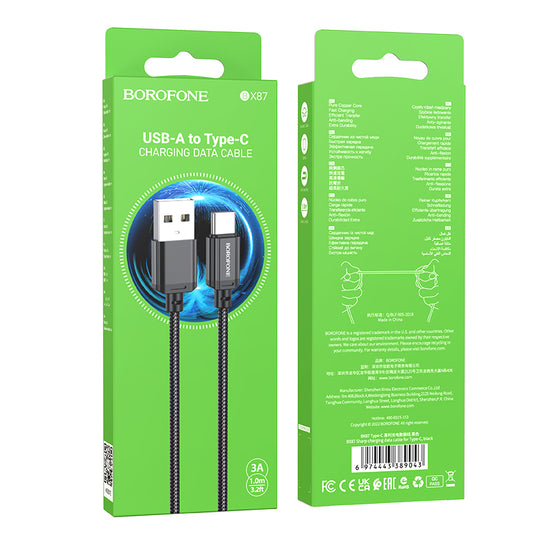 Cavo dati USB/USB-C 1 metro BOROFONE in corda 3A (BX87)