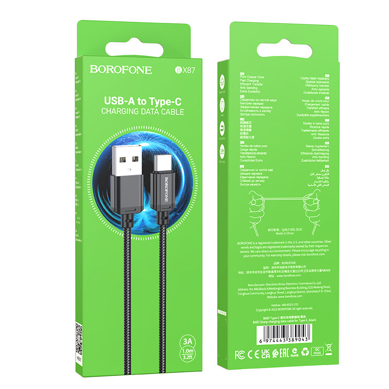 Cavo dati USB/USB-C 2 metri BOROFONE in corda 3A (BX87)