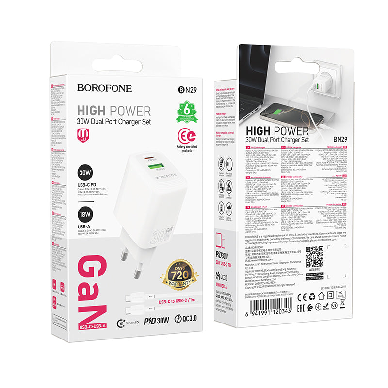 Caricabatterie rete 2 X USB+USB-C 30W QUICK CHARGER+ CAVO USB-C/USB-C BOROFONE (BN29)